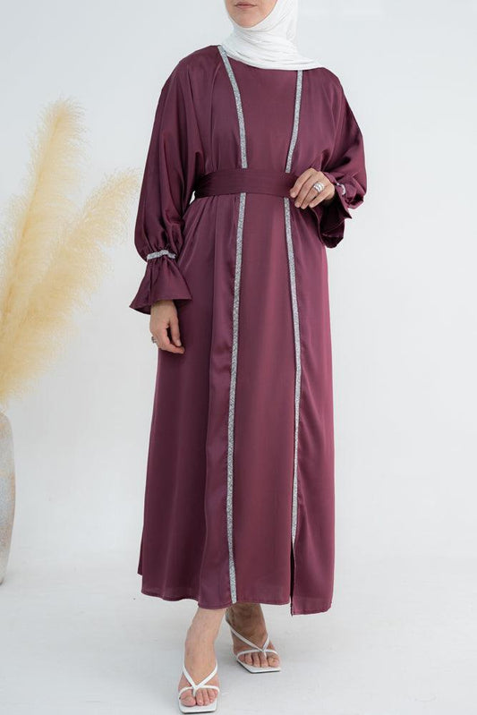 Sandalwood abaya in black with embellished ribbon detail in purple - ANNAH HARIRI