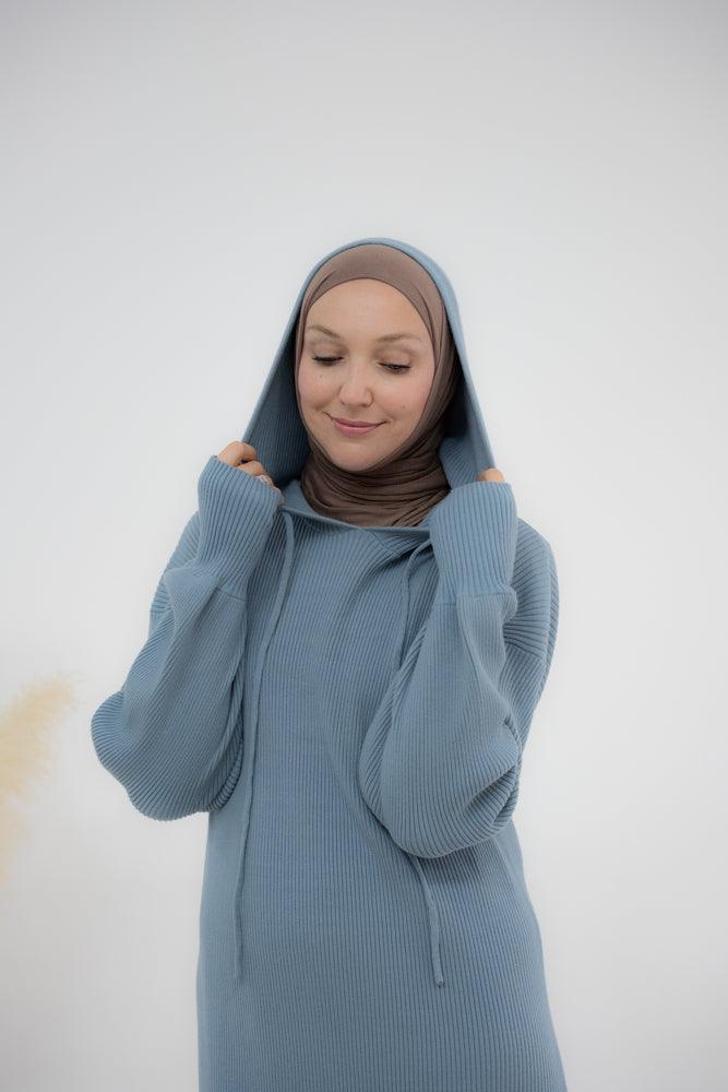 Sandi maxi knitted hooded dress with thumb holes in blue - ANNAH HARIRI