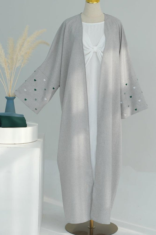 Serdce Gray Green Heart Abaya Open Front Cardigan Maxi Dress Arabian Robe - ANNAH HARIRI