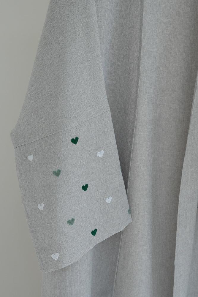 Serdce Gray Green Heart Abaya Open Front Cardigan Maxi Dress Arabian Robe - ANNAH HARIRI