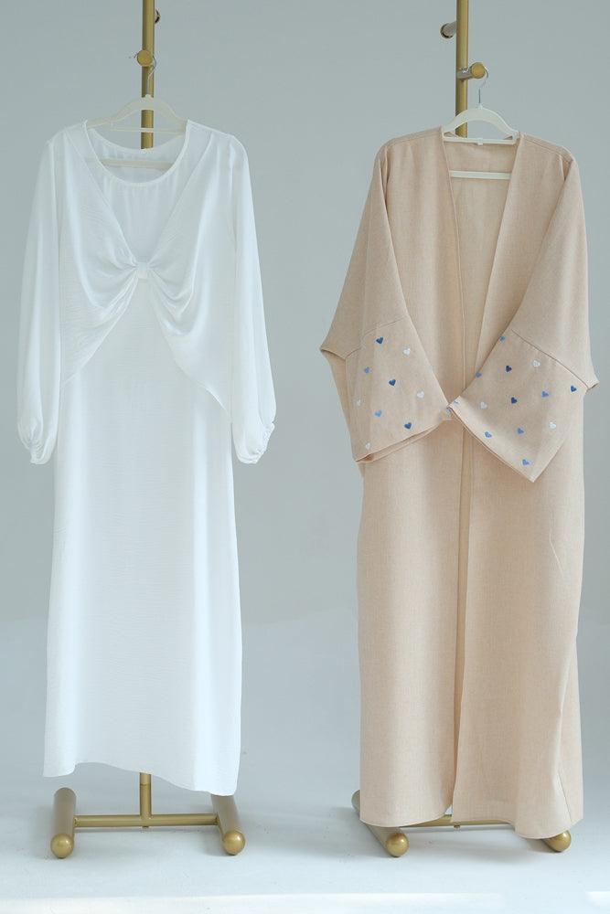 Serdce Khaki Blue Heart Abaya Open Front Cardigan Maxi Dress Arabian Robe - ANNAH HARIRI