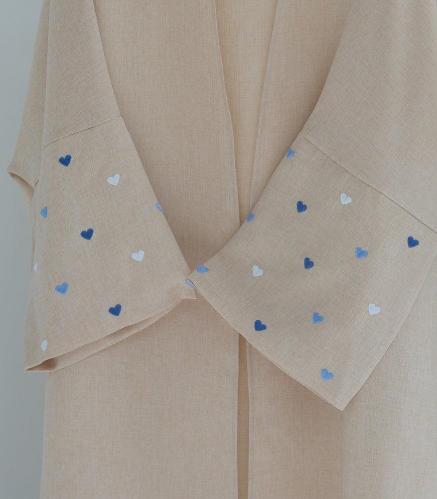 Serdce Khaki Blue Heart Abaya Open Front Cardigan Maxi Dress Arabian Robe - ANNAH HARIRI