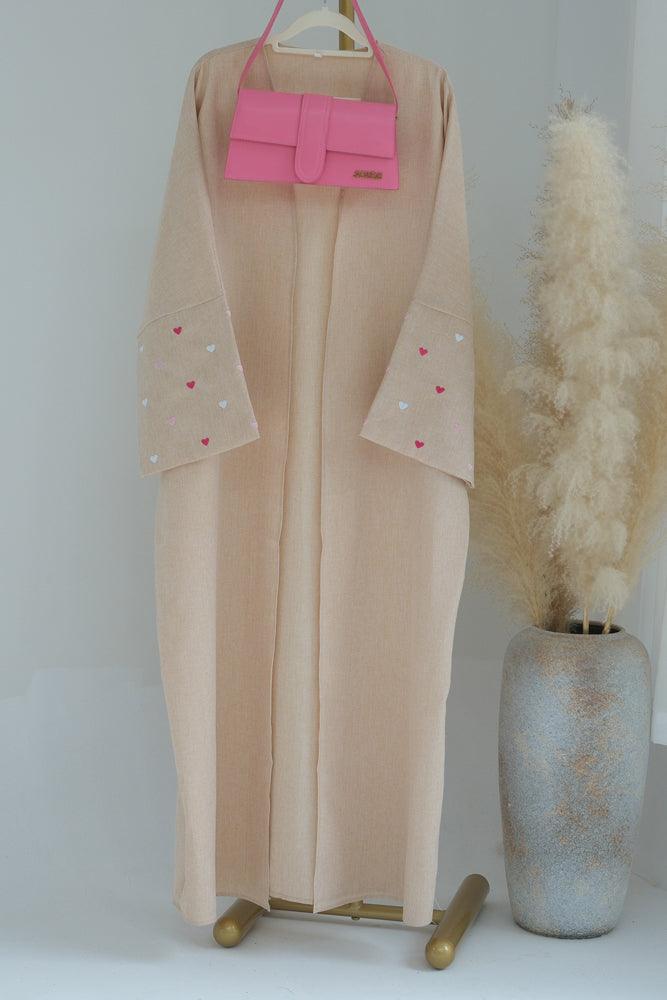 Serdce Khaki Pink Heart Abaya Open Front Cardigan Maxi Dress Arabian Robe - ANNAH HARIRI