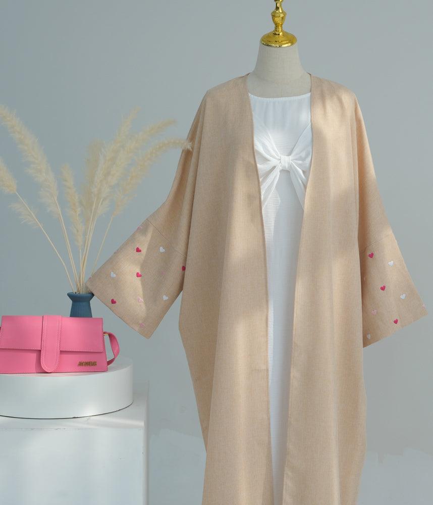 Serdce Khaki Pink Heart Abaya Open Front Cardigan Maxi Dress Arabian Robe - ANNAH HARIRI