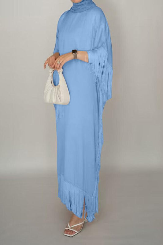 Seyma fringe maxi abaya dress in sky blue - ANNAH HARIRI