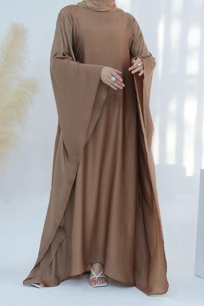 Sheyila Beige batwing abaya dress with round neck and inside tie in belt - ANNAH HARIRI