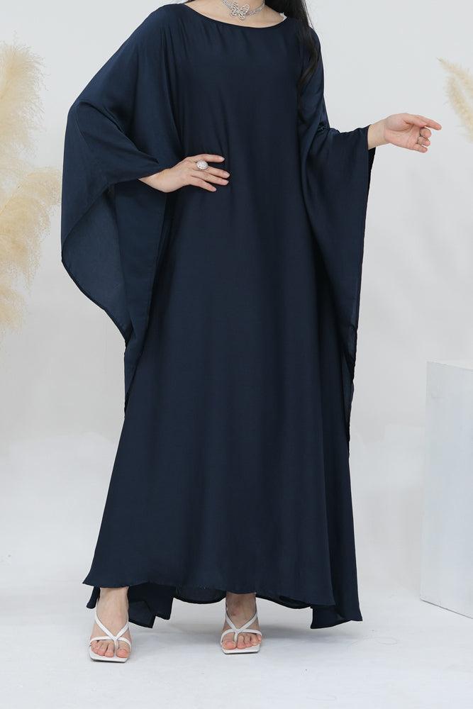 Sheyila Blue batwing abaya dress with round neck and inside tie in belt - ANNAH HARIRI