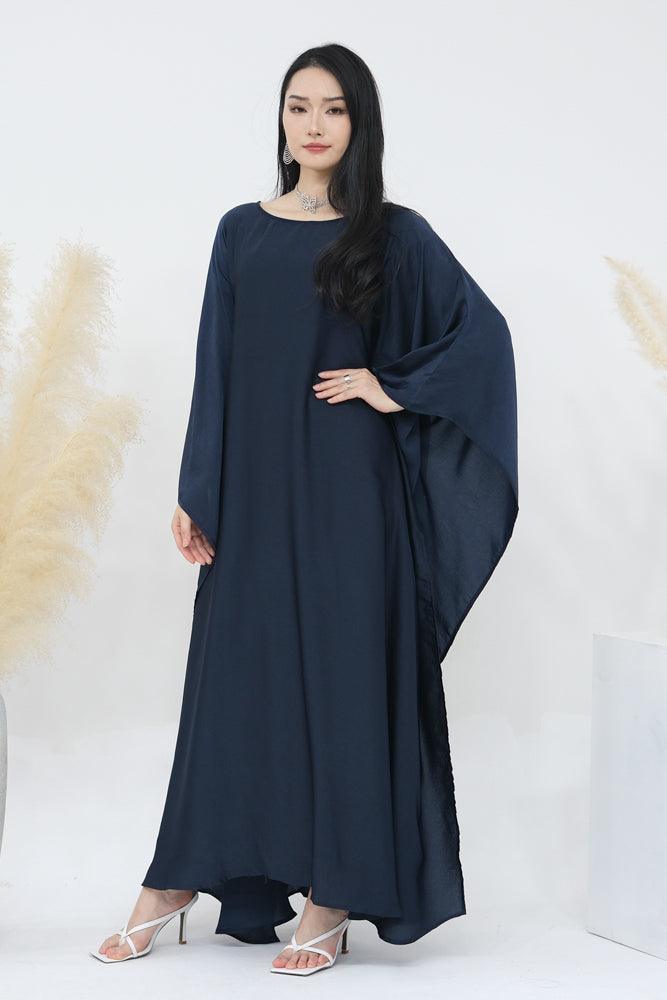 Sheyila Blue batwing abaya dress with round neck and inside tie in belt - ANNAH HARIRI