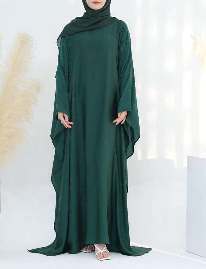 Sheyila Green batwing abaya dress with round neck and inside tie in belt - ANNAH HARIRI