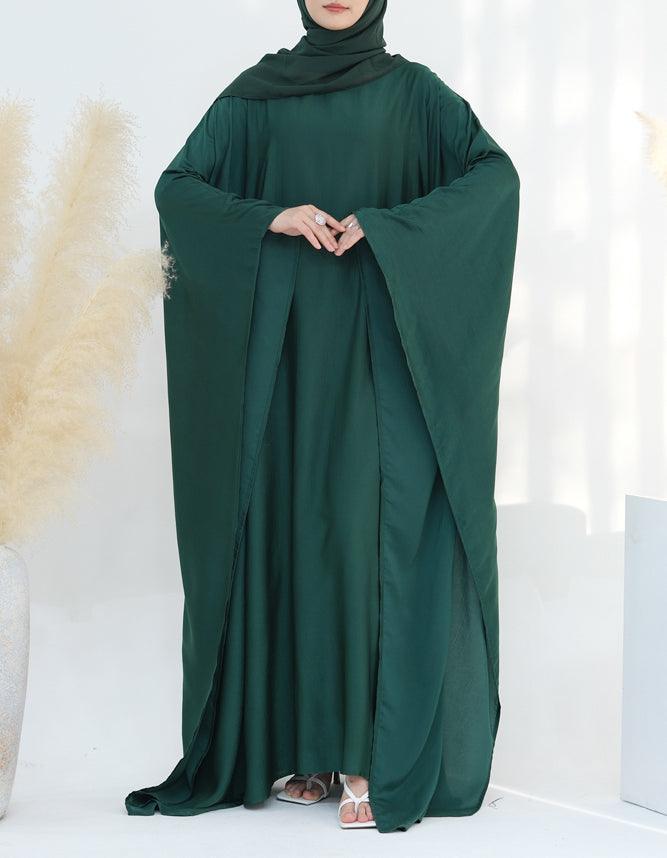 Sheyila Green batwing abaya dress with round neck and inside tie in belt - ANNAH HARIRI