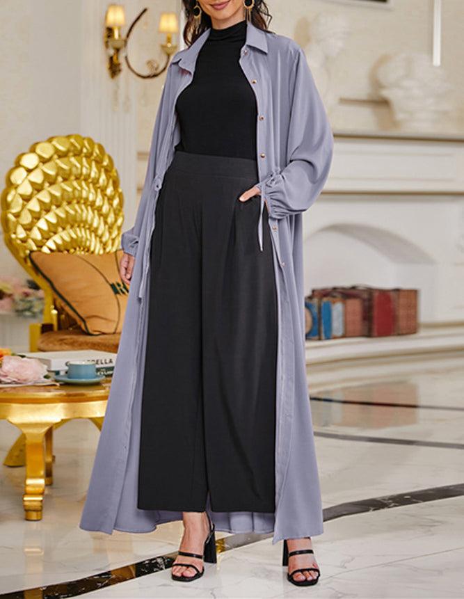 Shoochic Gray Shirt Dresses for Women Casual Long Sleeve Drawstring Button Down Maxi Dresses - ANNAH HARIRI