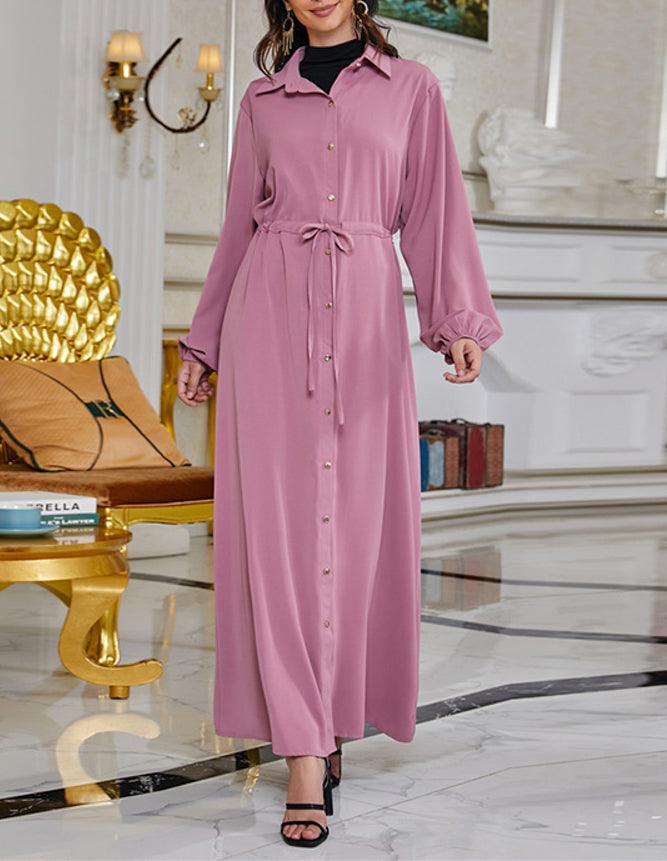 Shoochic Pink Shirt Dresses for Women Casual Long Sleeve Drawstring Button Down Maxi Dresses - ANNAH HARIRI