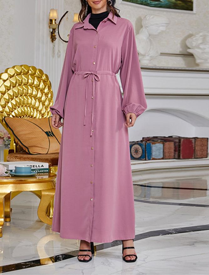 Shoochic Pink Shirt Dresses for Women Casual Long Sleeve Drawstring Button Down Maxi Dresses - ANNAH HARIRI