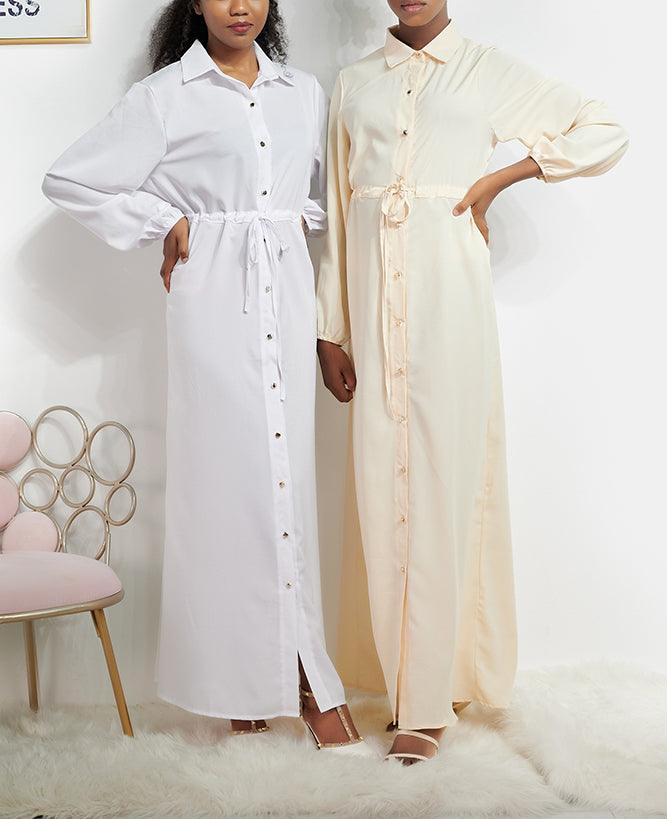 Shoochic White Shirt Dresses for Women Casual Long Sleeve Drawstring Button Down Maxi Dresses - ANNAH HARIRI