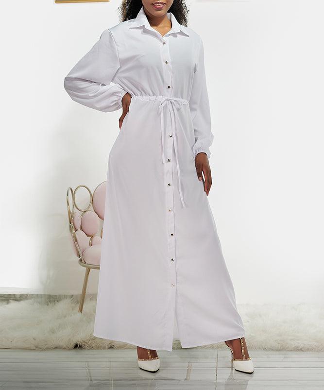 Shoochic White Shirt Dresses for Women Casual Long Sleeve Drawstring Button Down Maxi Dresses - ANNAH HARIRI