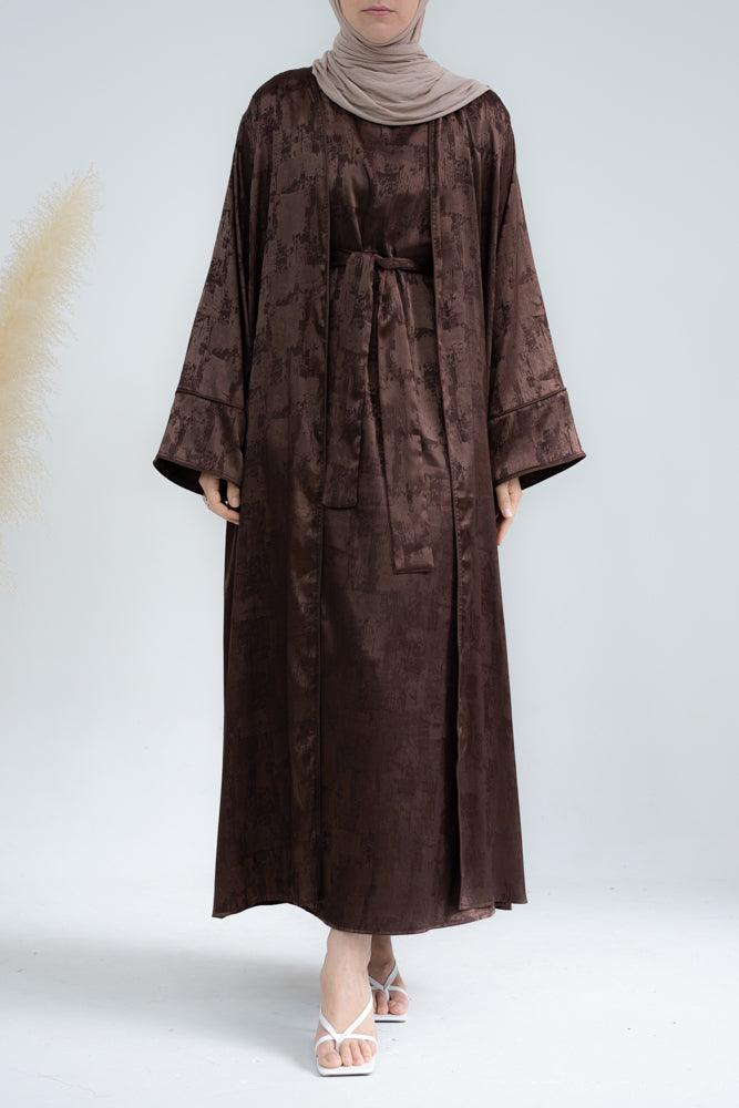 Slip dress for Miiriam abaya throw over sleeves maxi length in brown - ANNAH HARIRI