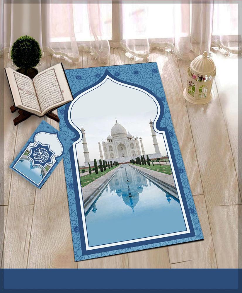 Tajj Blue Prayer Rug Muslim Mat Islamic Sajadah for Kids Men Women with Quran Box for Eid Travel Ramadan Soft Luxury Pin - ANNAH HARIRI