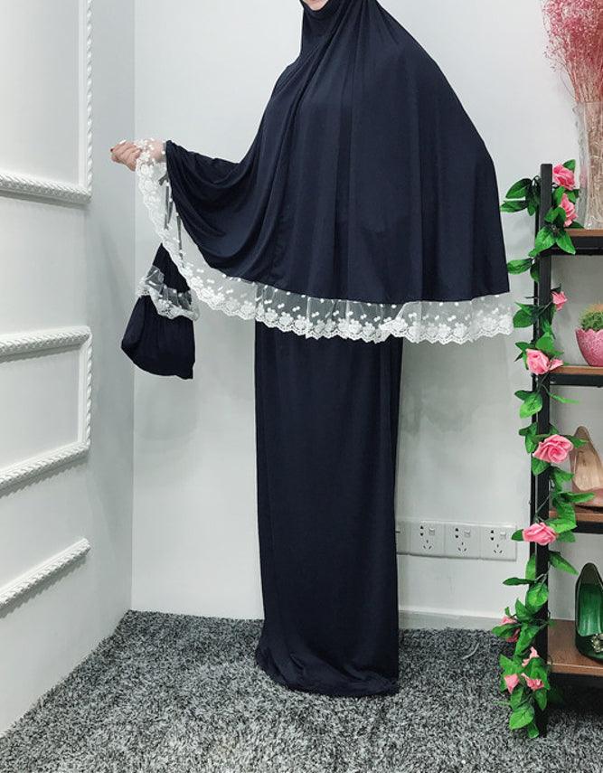 That classic Signature Lace Prayer Robe in navy - ANNAH HARIRI