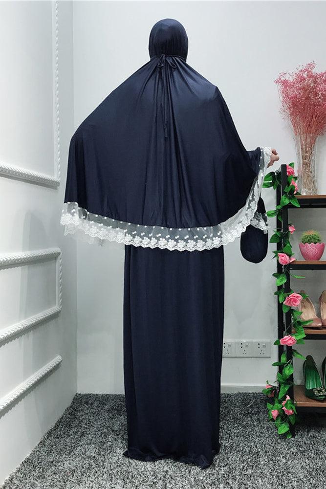That classic Signature Lace Prayer Robe in navy - ANNAH HARIRI
