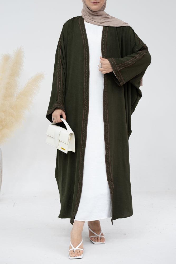 Weekday COTTON embroidered abaya throw over open front in olive - ANNAH HARIRI