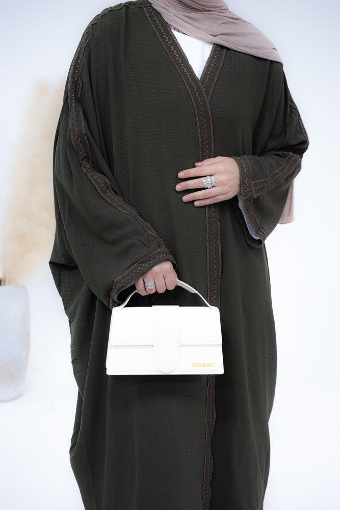 Weekday COTTON embroidered abaya throw over open front in olive - ANNAH HARIRI