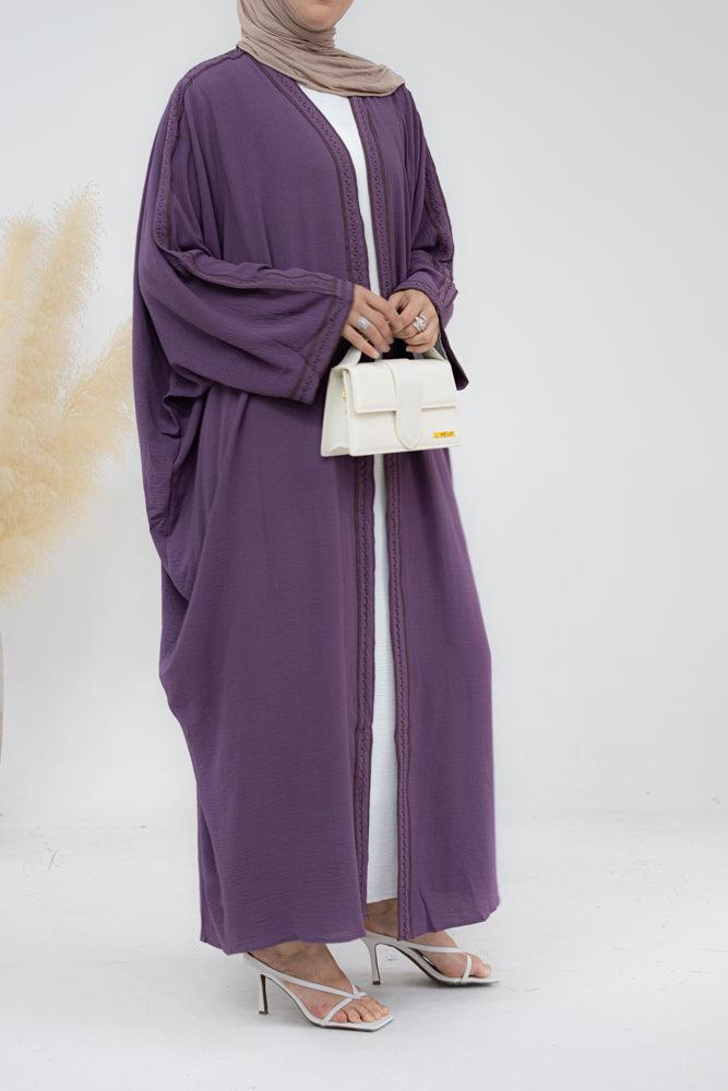 Weekday COTTON embroidered abaya throw over open front in purple - ANNAH HARIRI