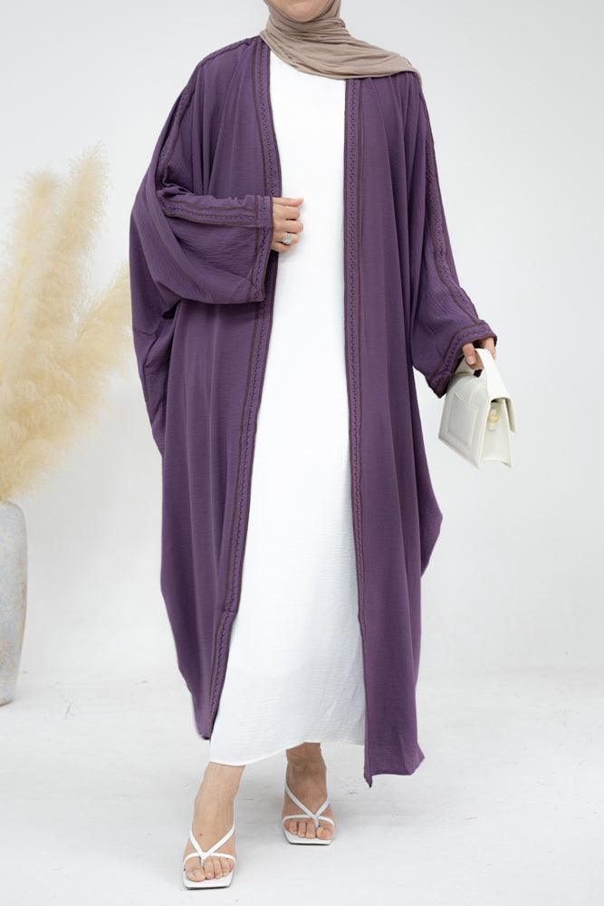 Weekday COTTON embroidered abaya throw over open front in purple - ANNAH HARIRI