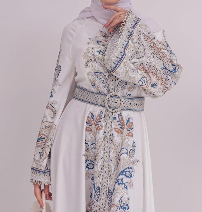 White Garden Women's Casual Spring Summer Boho Floral Print Dress High Neck Long Sleeve High Waist Belt Long Maxi - ANNAH HARIRI