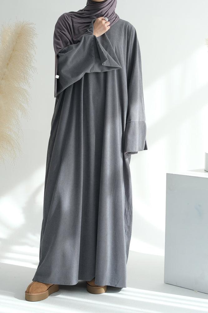 Xeniaa Dark Grey dress in velvet like fabric of a loose cut with silts on sleeve cuffs and pockets - ANNAH HARIRI