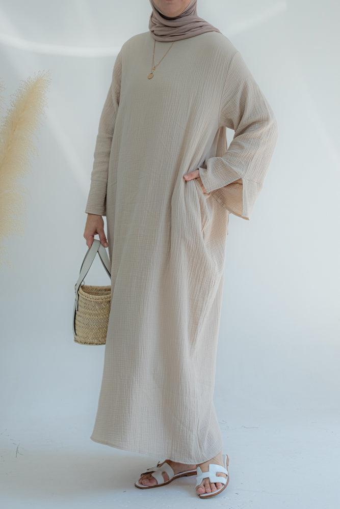 Yaas cotton loose smock dress with pockets and split on sleeve cuffs in apricot color - ANNAH HARIRI