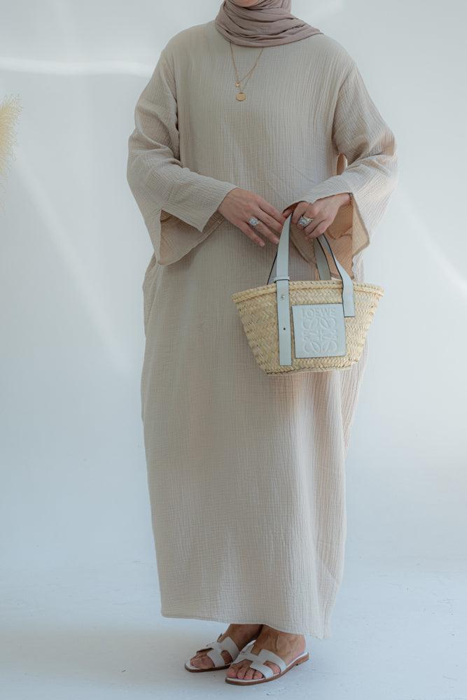 Yaas cotton loose smock dress with pockets and split on sleeve cuffs in apricot color - ANNAH HARIRI