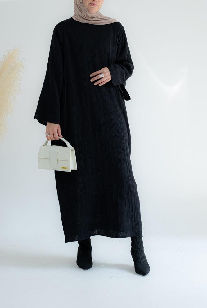 Yaas cotton loose smock dress with pockets and split on sleeve cuffs in black - ANNAH HARIRI