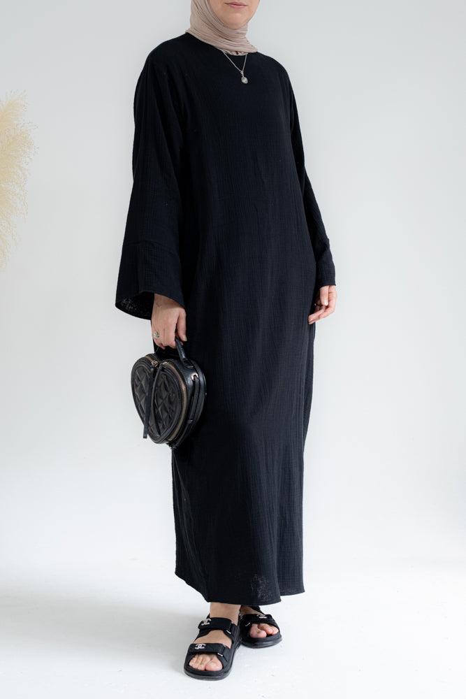 Yaas cotton loose smock dress with pockets and split on sleeve cuffs in black - ANNAH HARIRI