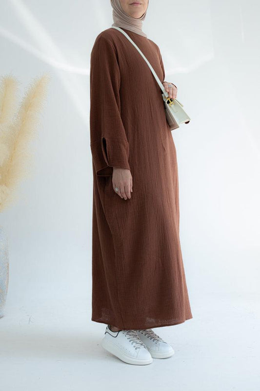 Yaas cotton loose smock dress with pockets and split on sleeve cuffs in coffee color - ANNAH HARIRI