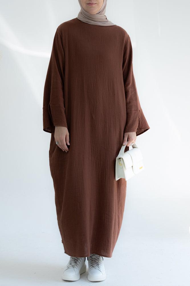 Yaas cotton loose smock dress with pockets and split on sleeve cuffs in coffee color - ANNAH HARIRI