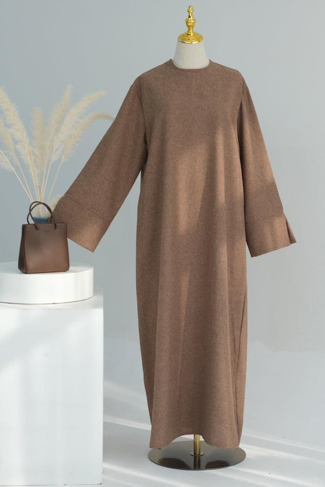Yakamoz Straight Cut Classic Maxi Dress Abaya with slit cuffs in Coffee - ANNAH HARIRI