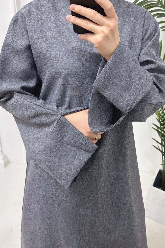 Yakamoz Straight Cut Classic Maxi Dress Abaya with slit cuffs in Dark Gray - ANNAH HARIRI