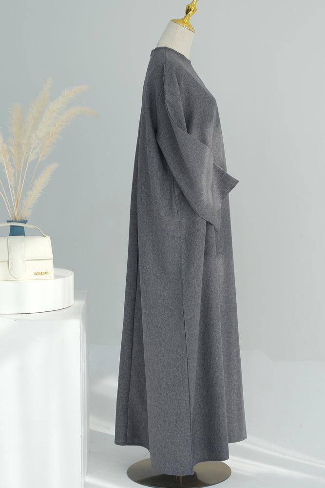 Yakamoz Straight Cut Classic Maxi Dress Abaya with slit cuffs in Dark Gray - ANNAH HARIRI