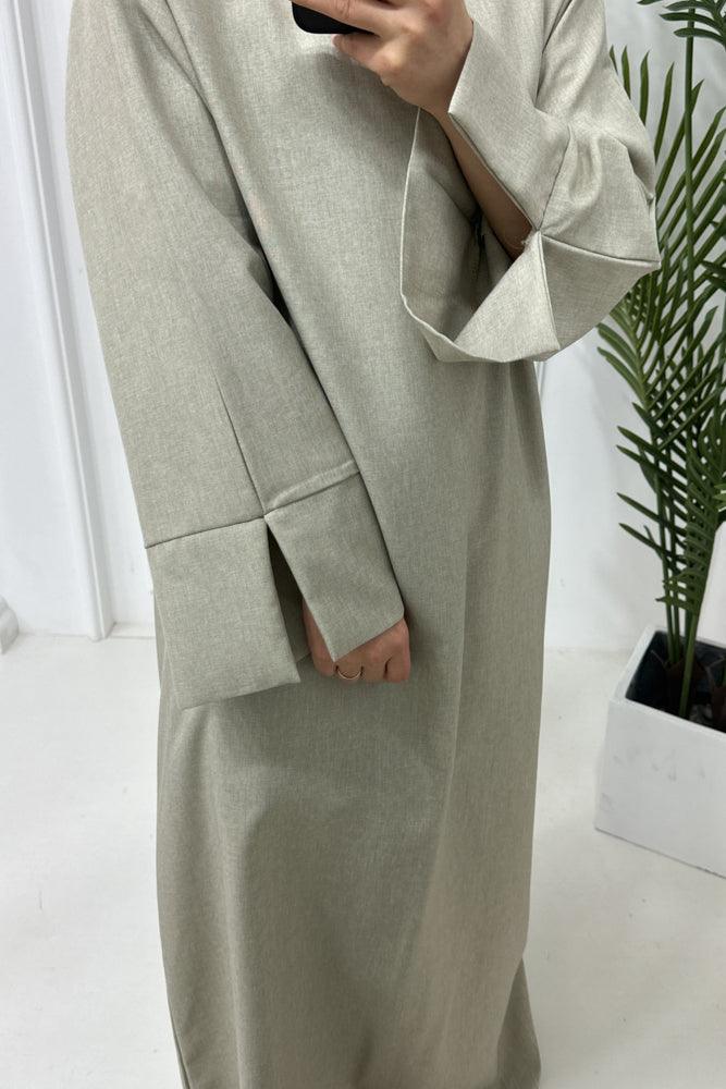 Yakamoz Straight Cut Classic Maxi Dress Abaya with slit cuffs in Light Green - ANNAH HARIRI