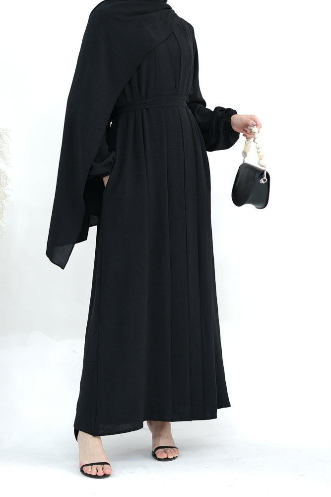 Zari Three piece set abaya with inner sleeveless dress throw over abaya belt and scarf in black - ANNAH HARIRI