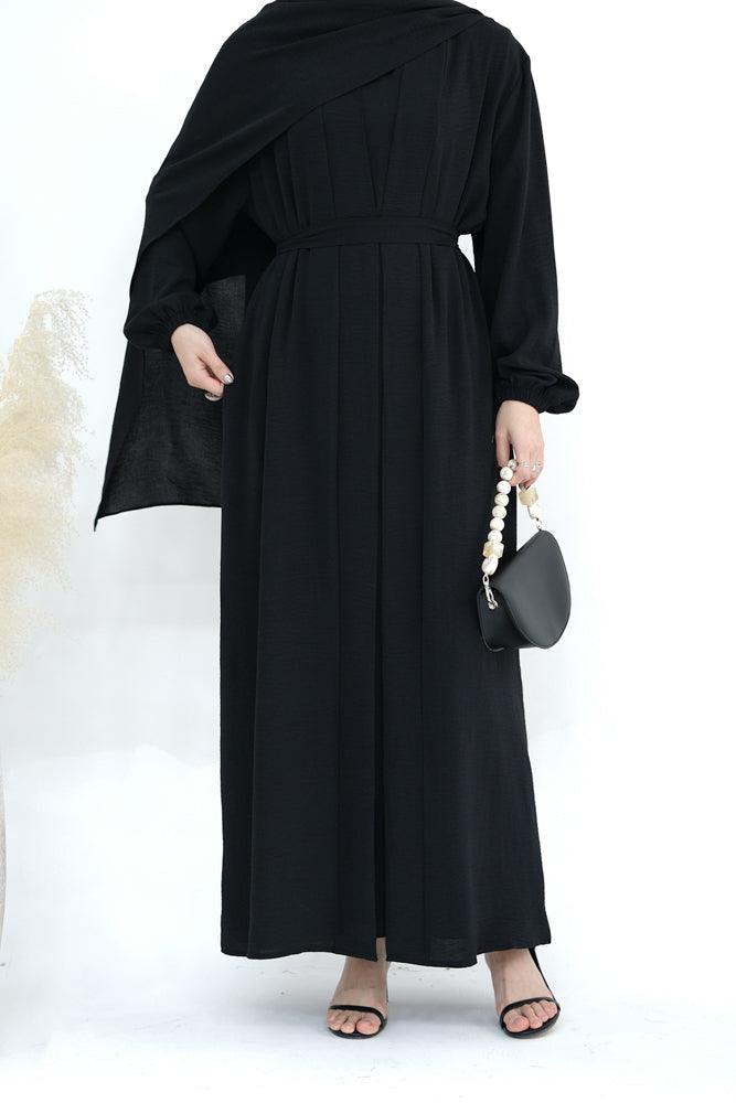 Zari Three piece set abaya with inner sleeveless dress throw over abaya belt and scarf in black - ANNAH HARIRI