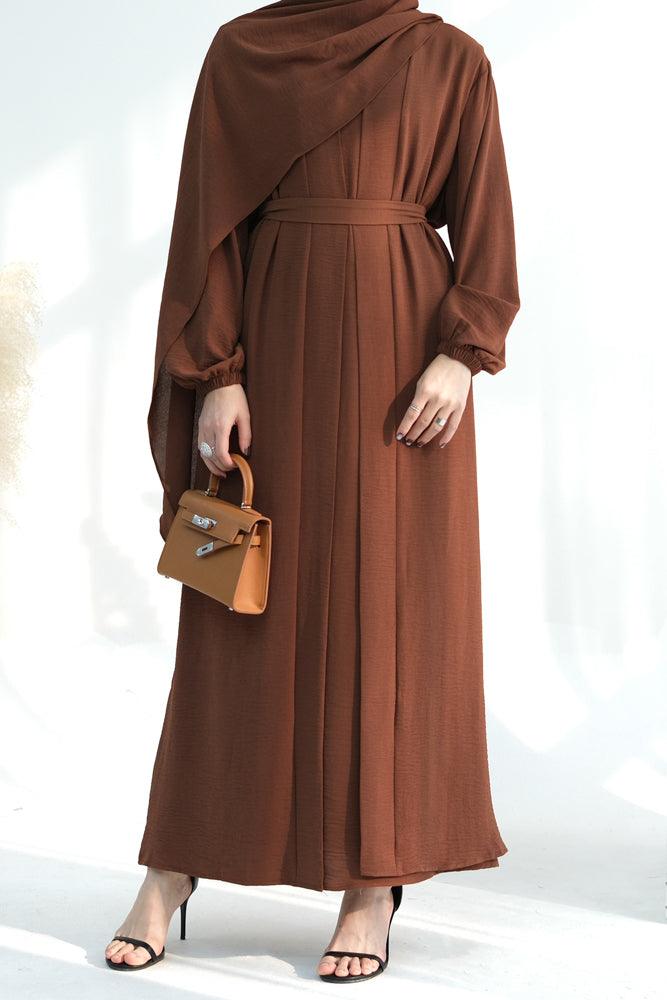 Zari Three piece set abaya with inner sleeveless dress throw over abaya belt and scarf in coffee - ANNAH HARIRI
