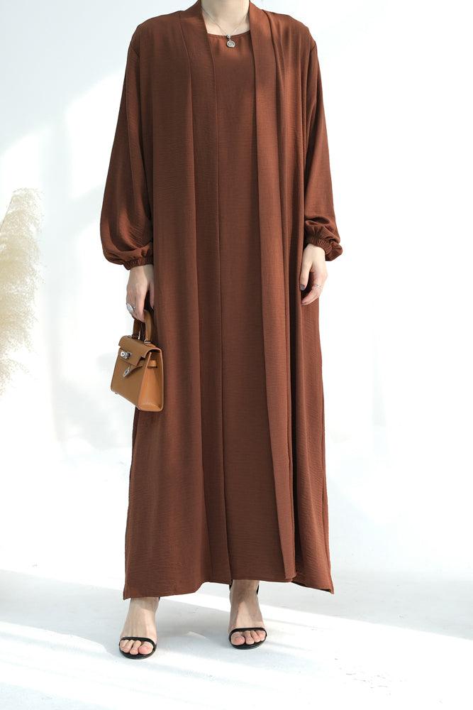 Zari Three piece set abaya with inner sleeveless dress throw over abaya belt and scarf in coffee - ANNAH HARIRI