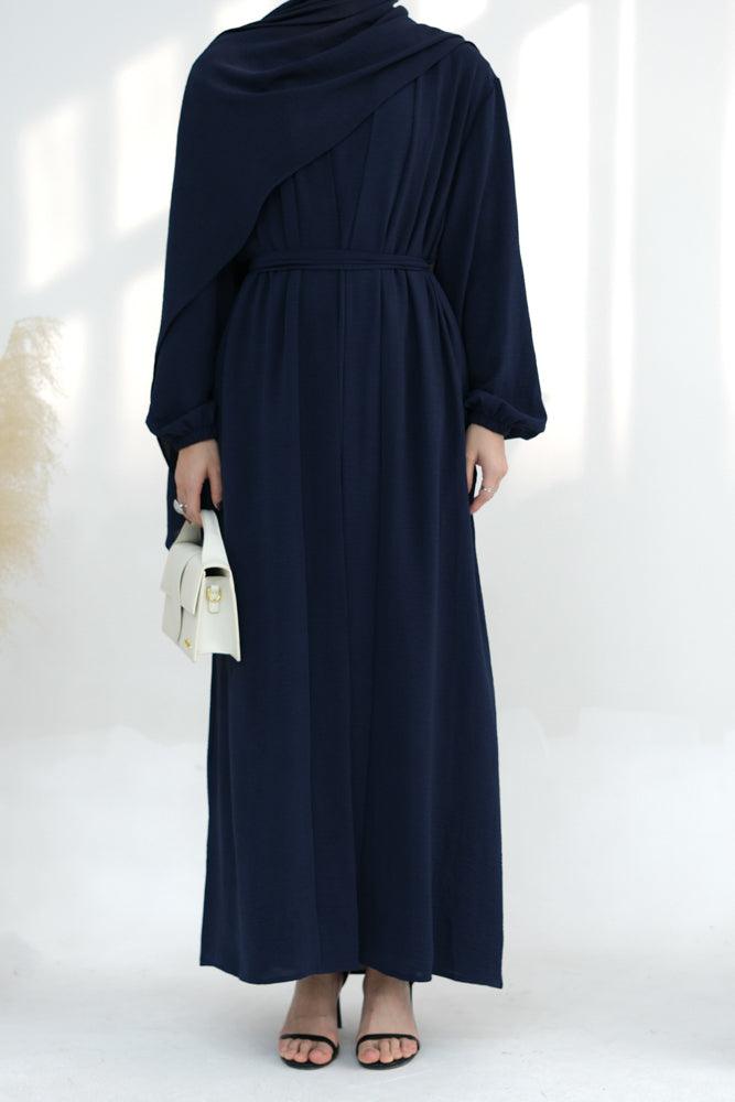 Zari Three piece set abaya with inner sleeveless dress throw over abaya belt and scarf in dark blue - ANNAH HARIRI