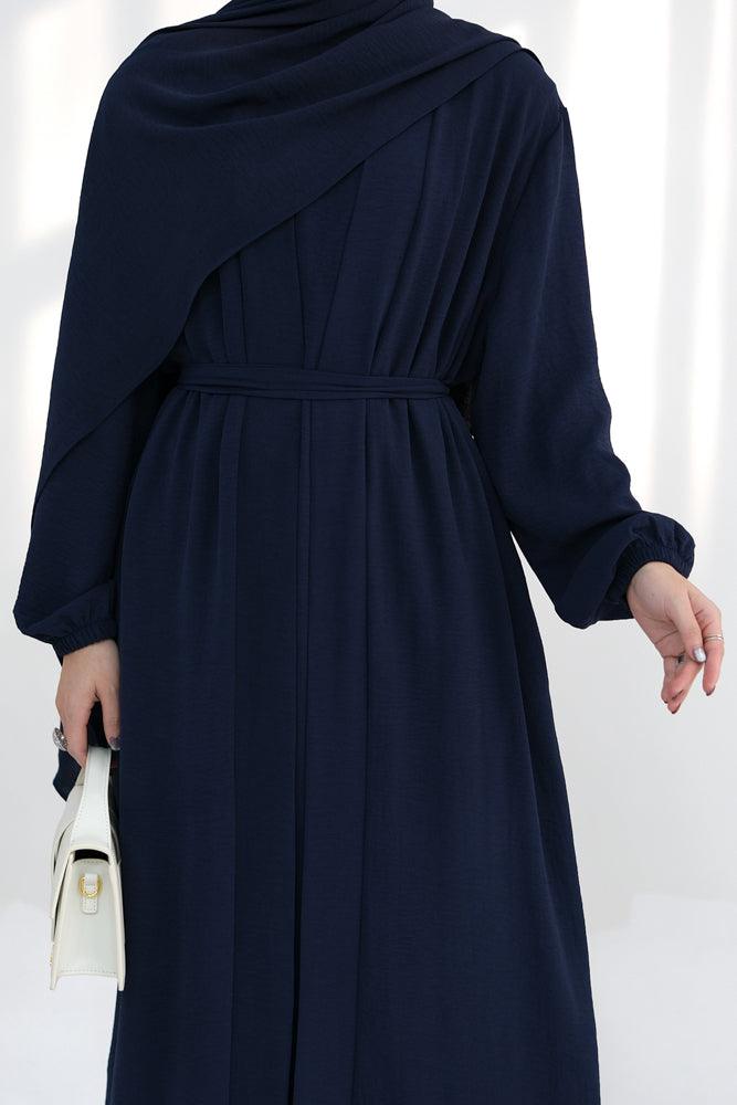 Zari Three piece set abaya with inner sleeveless dress throw over abaya belt and scarf in dark blue - ANNAH HARIRI
