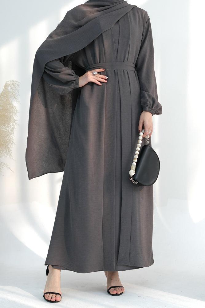 Zari Three piece set abaya with inner sleeveless dress throw over abaya belt and scarf in Dark Gray - ANNAH HARIRI