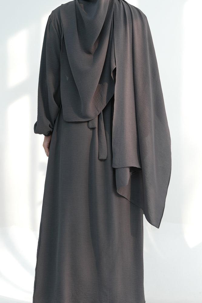Zari Three piece set abaya with inner sleeveless dress throw over abaya belt and scarf in Dark Gray - ANNAH HARIRI