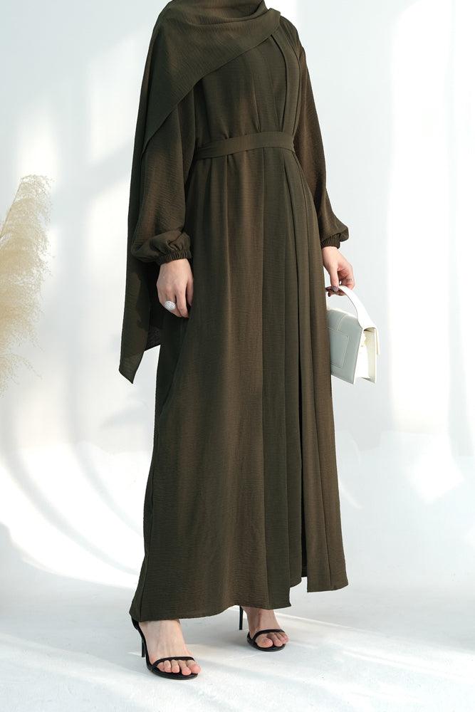 Zari Three piece set abaya with inner sleeveless dress throw over abaya belt and scarf in green - ANNAH HARIRI