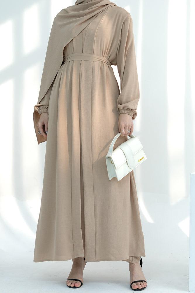 Zari Three piece set abaya with inner sleeveless dress throw over abaya belt and scarf in khaki - ANNAH HARIRI
