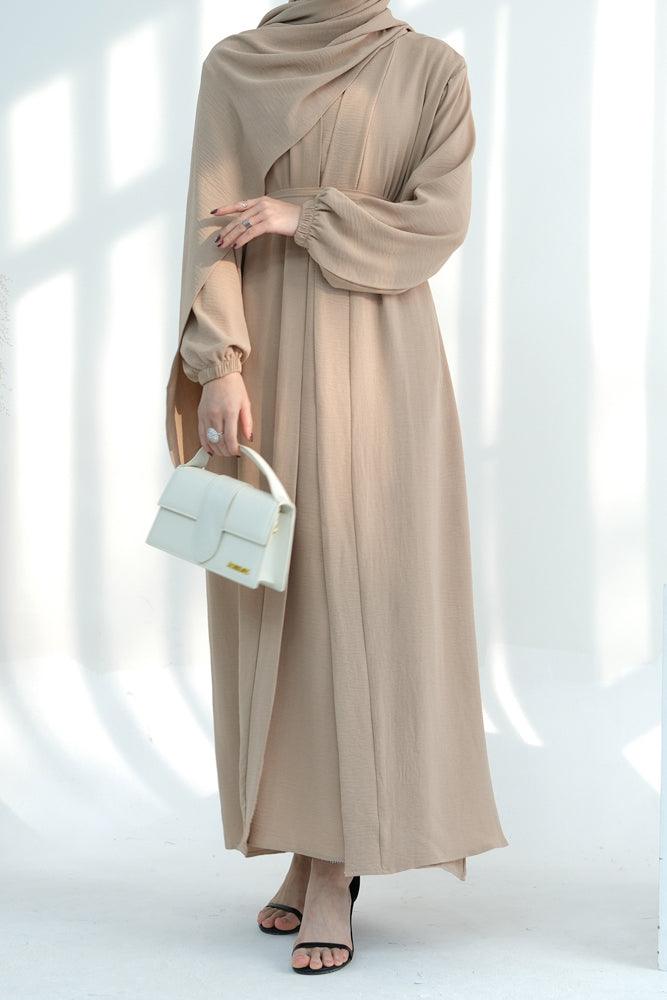 Zari Three piece set abaya with inner sleeveless dress throw over abaya belt and scarf in khaki - ANNAH HARIRI